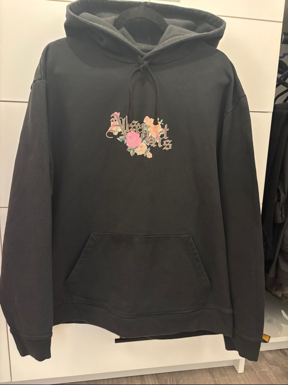 AllSaints Black Hoodie with Pink Floral Graphic sz L pit to pit 26 inches & 28 L